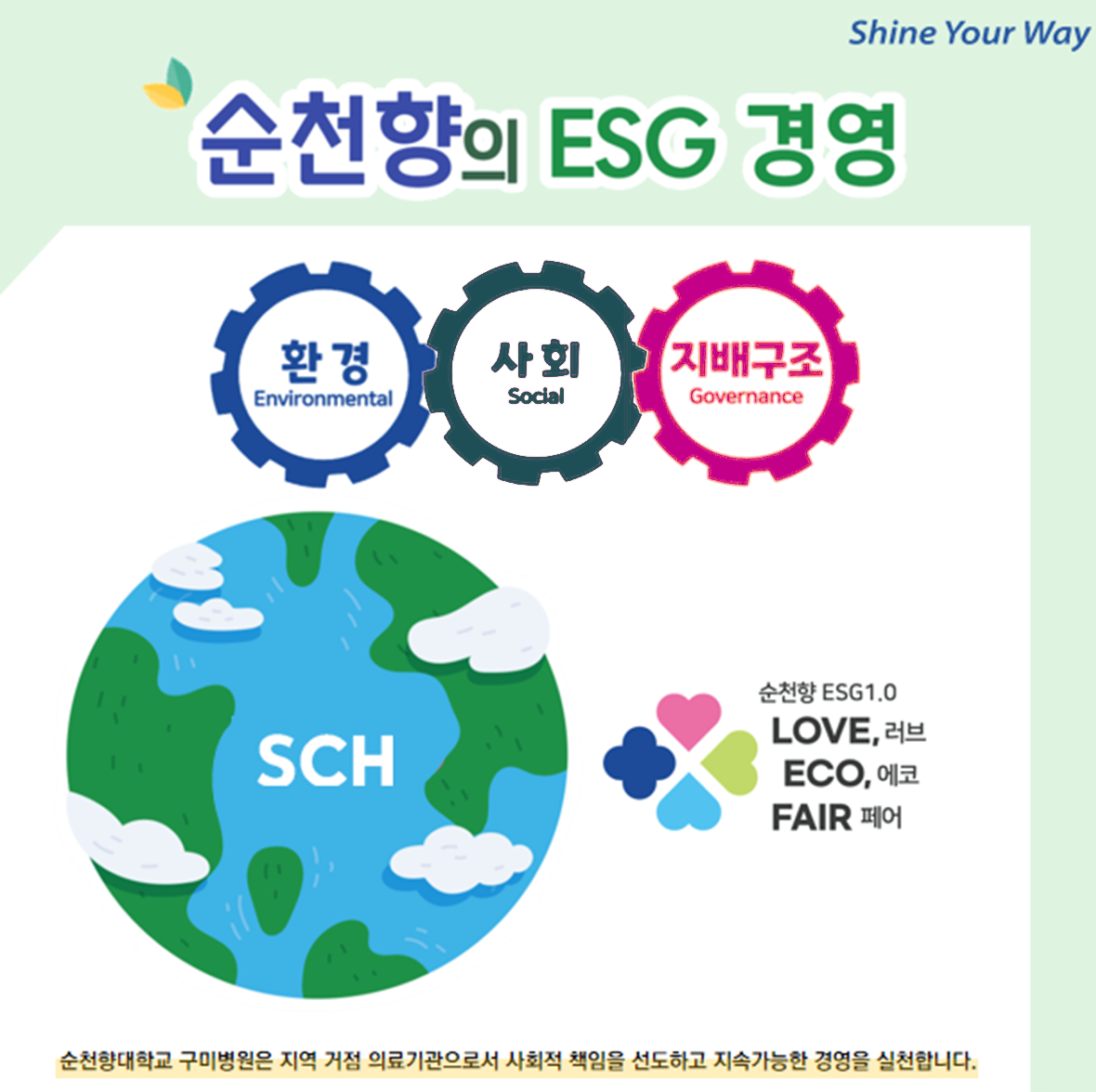 Shine Your Way 순천향의 ESG 경영 환경 Environmental 사회 Social 지배구조 Governance
SCH 순천향 ESG1.0 LOVE, 러브 ECO, 에코 FAIR 페어
순천향대학교 구미병원은 지역 거점 의료기관으로서 사회적 책임을 선도하고 지속가능한 경영을 실천합니다.