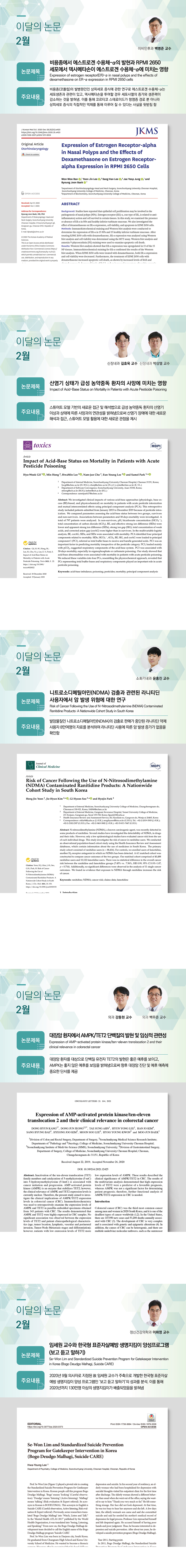 이달의 논문 2월 이비인후과 백병준 교수 논문제목 비용종에서 에스트로겐 수용체알파의 발현과 RPMI 2650 세포에서 덱사메타손이 에스트로겐 수용체알파에 미치는 영향 Expression of estrogen receptor(ER)-a in nasal polyps and the effects of dexamethasone on ER-a expression in RPMI 2650 cells 주요내용 비용종(코폴립)의 발병원인인 상피세포 증식에 관한 연구로 에스트로겐 수용체알파는 세포생존과 관련이 있고, 덱사메타손을 투여할 경우 세포사멸의 증가와 생존력이 감소하는 것을 밝혀냄. 이를 통해 코르티코 스테로이드가 항염증 경로 뿐 아니라 상피세포 증식의 직접적인 억제를 통해 이루어 질 수 있다는 사실을 뒷받침 함 J Korean Med Sci. 2020 Dec 28:35(50):0420 https://doi.org/10.3346/jkms. 2020.35.0420 elssN 1598-6357-pISSN 1011-3934 JKMS Original Article Otorhinolaryngology Expression of Estrogen Receptor-alpha in Nasal Polyps and the Effects of Dexamethasone on Estrogen Receptoralpha Expression in RPMI 2650 Cells Won Woo Ban , Yoon Jin Lee , Sang Han Lee , Jae Yeop Jung , and Byoung Joon Baek Department of Otorhinolaryngology-Head and Neck Surgery, Soonchunhyang University Cheonan Hospital, Soonchunhyang University College of Medicine, Cheonan, Korea Department of Biochemistry. Soonchunhyang University College of Medicine, Cheonan, Korea 이달의 논문 2월 신장내과 길효욱 교수 ,신장내과 박삼엘 교수 논문제목 산염기 상태가 급성 농약중독 환자의 사망에 미치는 영향 Impact of Acid-Base Status on Mortality in Patients with Acute Pesticide Poisoning 주요내용 스튜어트 모델 기반의 새로운 접근 및 해석법으로 급성 농약중독 환자의 산염기 이상과 상태에 따른 사망과의 연관성을 밝혀냄으로써 산염기 장애에 대한 새로운 해석과 접근, 스튜어트 모델 활용에 대한 새로운 관점을 제시 toxics MDPI Article Impact of Acid-Base Status on Mortality in Patients with Acute Pesticide Poisoning Hyo-Wook Gil , Min Hong , HwaMin Lee , Nam-jun Cho , Eun-Young Lee and Samel Park Department of Internal Medicine, Soonchunhyang University Cheonan Hospital, Cheonan 31151, Korea, hwgil@schmc.ac.kr (H.-W.G.); chonj@schmc.ac.kr (N-j.C.); eylee@schmc.ac.kr (E.-Y.L.) Department of Software Convergence, Soonchunhyang University, Asan 31538, Korea; mhong@sch.ac.kr (M.H.); lechm@sch.ac.kr (H.L.) Correspondence: samelpark17@schmc.ac.kr 이달의 논문 2월 소화기내과 윤홍진 교수 논문제목 니트로소디메틸아민(NDMA) 검출과 관련된 라니티딘 사용자에서 암 발생 위험에 대한 연구 Risk of Cancer Following the Use of N-Nitrosodimethylamine (NDMA) Contaminated Ranitidine Products: A Nationwide Cohort Study in South Korea 주요내용. 발암물질인 니트로소디메틸아민(NDMA)의 검출로 판매가 중단된 라니티딘 약제 사용자 8만여명의 자료를 분석하여 라니티딘 사용에 따른 암 발생 증가가 없음을 확인함 Journal of Clinical Medicine Article Risk of Cancer Following the Use of N-Nitrosodimethylamine (NDMA) Contaminated Ranitidine Products: A Nationwide Cohort Study in South Korea Hong Jin Yoon, Jie-Hyun Kim, Gi Hyeon Seo ,and Hyojin Park Department of Internal Medicine, Soonchunhyang University College of Medicine, Chungcheongnam-do Cheonan-si 330-921, Korea; 104560@schmc.ac.kr Department of Internal Medicine, Gangnam Severance Hospital, Yonsei University College of Medicine, 211 Eonjuro, Gangnam-gu, Seoul 135-720, Korea; hjpark21@yuhs.ac Health Insurance Review and Assessment Service, 60, Hyeoksin-ro, Gangwon-do, Wonju-si 26465, Korea Correspondence: Otilia94@yuhsac (J.-H.K.); seogihyeon@hira.or.kr (G.H.S.); Tel.: +82-2-2019-3505 (J.-H.K.); +82-2-2182-230 (G.HS.); Fax: +82-2-3463-3882 |--HK.]; +82-33-811-7447 (G.H.S.)Abstract: N-nitrosodimethylamine (NDMA), a known carcinogenic agent, was recently detected in some products of ranitidine. Several studies have investigated the detectability of NDMA, in drugs and their risks. However, only a few epidemiological studies have evaluated cancer risk from the use of such individual drugs. This study investigates the risk of cancer in ranitidine users. We conducted an observational population-based cohort study using the Health Insurance Review and Assessment databases, which contain information about the use of medicines in South Korea. The primary study cohort consisted of ranitidine users (n = 88,416). For controls, we enrolled users of famotidine, another Hy-receptor antagonist in which no NDMA has been detected. A 4:1 matched cohort was constructed to compare cancer outcomes of the two groups. Our matched cohort comprised of 40,488 ranitidine users and 10,122 famotidine users. There was no statistical difference in the overall cancer risk between the ranitidine and famotidine groups (7.45% vs. 7.56%, HR 0.99, 95% CI 0.91-1.07, p=0.716). Additionally, no significant differences were observed in the analysis of 11 single cancer outcomes. We found no evidence that exposure to NDMA through ranitidine increases the risk of cancer. check for updates Citation: Yoon, H.J. Kim, J.-H.; Seo, G.H.; Park, H. Risk of Cancer Following the Use of N-Nitrosodimethylamine (NDMA) Contaminated Ranitidine Products: A Nationwide Cohort Study in South Korea. J. Clin Med, 2021, 10, 153. https//doi.org/10.3090/jcm10010153 Keywords: ranitidine; NDMA; cancer risk, claims data; famotidine Introduction 이달의 논문 2월 외과 강동현 교수 외과 백무준 교수 논문제목 대장암 환자에서 AMPK/TET2 단백질의 발현 및 임상적 관련성 Expression of AMP-activated protein kinase/ten-eleven translocation 2 and their clinical relevance in colorectal cancer 주요내용 대장암 환자를 대상으로 단백질 유전자 TET2의 발현은 좋은 예후를 보이고, AMPK는 좋지 않은 예후를 보임을 밝혀냄으로써 향후 대장암 진단 및 예후 예측에 중요한 단서를 제공 ONCOLOGY LETTERS 21: 164, 2021 Expression of AMP-activated protein kinase/ten-eleven translocation 2 and their clinical relevance in colorectal cancer DONG HYUN KANG , DONG JUN JEONG, TAE SUNG AHN , HYUN YONG LEE , HAN JO KIM, SANG BYUNG BAEHYEONG JOO KIMP, MOON SOO LEE, HYOG YOUNG KWON and MOO-JUN BAEK Division of Colon and Rectal Surgery, Department of Surgery, Soonchunhyang Medical Science Research Institute; Departments of Pathology and Oncology, College of Medicine, Soonchunhyang University Cheonan Hospital; Soonchunhyang Institute of Medi-bio Science (SIMS), Soonchunhyang University: Division of Gastrointestinal Surgery, Department of Surgery, College of Medicine, Soonchunhyang University Cheonan Hospital, Cheonan, Chungcheongnam-do 31151, Republic of Korea Received August 22, 2019; Accepted November 26, 2020 DOI: 10.3892/01.2021.12425 이달의 논문 2월 정신건강의학과 이화영 교수 논문제목 임세원 교수와 한국형 표준자살예방 생명지킴이 양성프로그램 (보고 듣고 말하기) Se-Won Lim and Standardized Suicide Prevention Program for Gatekeeper Intervention in Korea (Bogo Deudgo Malhagi, Suicide CARE) 주요내용 2020년 9월 의사자로 지정된 故 임세원 교수가 주축 으로 개발한 한국형 표준자살 예방 생명지킴이 양성 프로그램인 보고 듣고 말하기 의 성과를 분석. 이를 통해 2020년까지 130만명 이상의 생명지킴이가 배출되었음을 밝혀냄 EDITORIAL https://doi.org/10.30 773/pl. 2020.0373 Print ISSN 1738-3684 / On-line ISSN 1976-3026 OPEN ACCESS Se-Won Lim and Standardized Suicide Prevention Program for Gatekeeper Intervention in Korea (Bogo Deudgo Malhagi, Suicide CARE) Hwa-Young Lee a Department of Psychiatry, College of Medicine, Soonchunhyang University, Cheonan Hospital, Cheonan, Republic of Korea