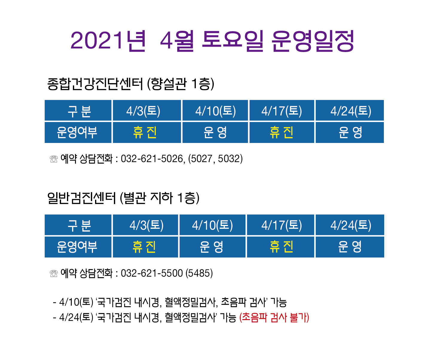 2021년 4월 토요일 운영일정,종합건강진단센터 (향설관 1층), 구분 4/3(토) 4/10(토) 4/17(토) 4/24(토),운영여부, 휴진 운영 휴진 운영,예약 상담전화 : 032-621-5026, (5027, 5032),일반검진센터 (별관 지하 1층), 구분 4/3(토) 4/10(토) 4/17(토) 4/24(토) , 운영여부:  휴진 운영 휴진 운영, 예약 상담전화 : 032-621-5500 (5485),- 4/10(토) 국가검진 내시경, 혈액정밀검사, 초음파 검사' 가능 - 4/24(토) 국가검진 내시경, 혈액정밀검사' 가능 (초음파 검사 불가)