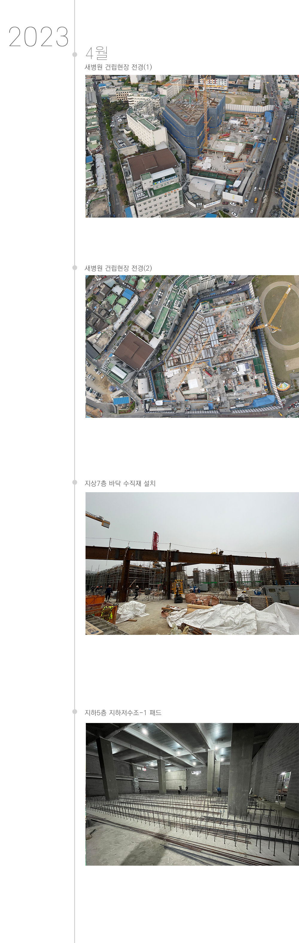 2023년4월 새병원 건립 건축 진행사항, 건립현장 전경, 지상7층 바닥수직재설치, 지하5층 지하저수조1패드