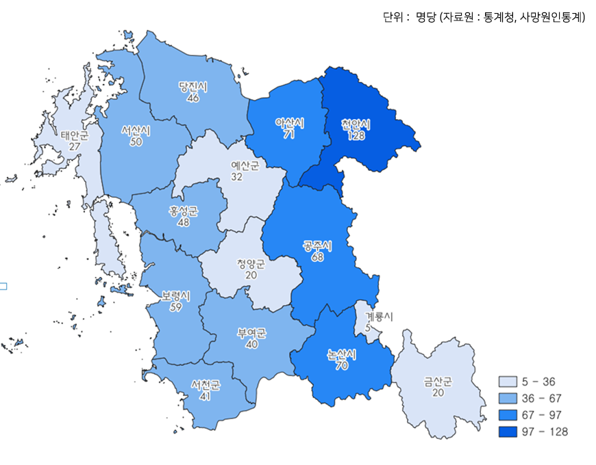 충남권 시군별 허혈성 심장질환 사망자수(2022년)