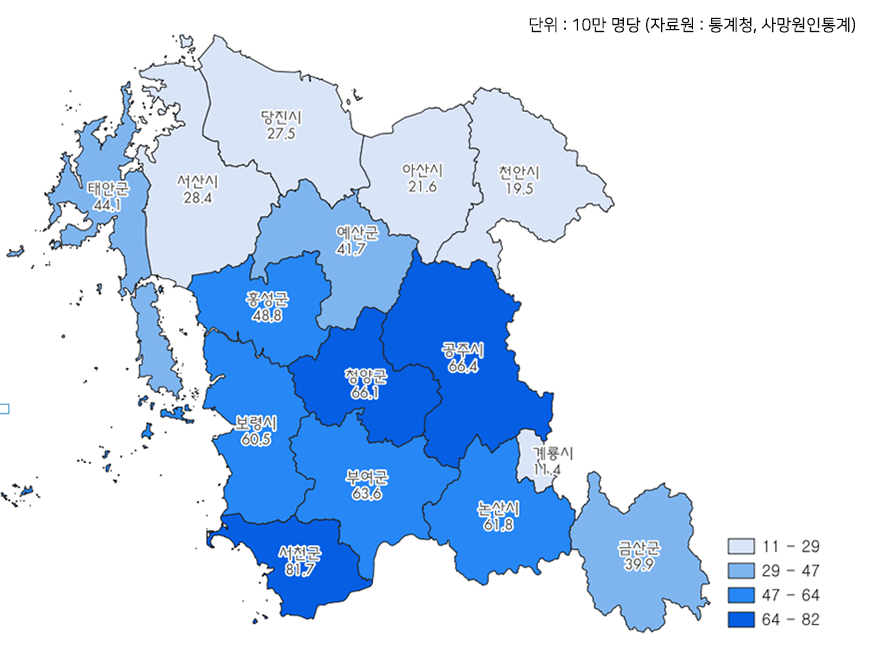 충남권 시군별 허혈성 심장질환 사망률(2022년)