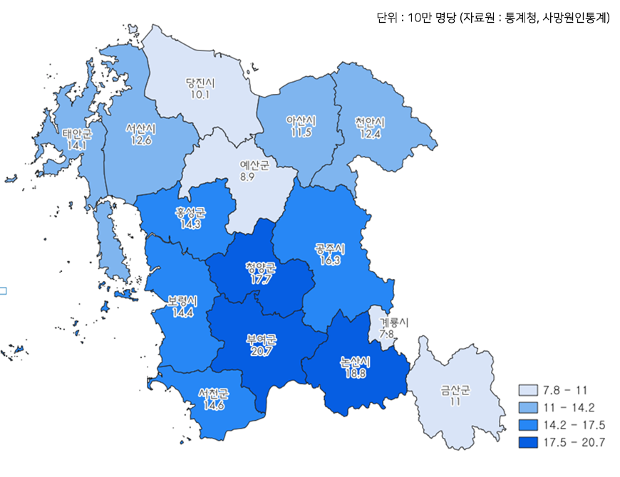 충남권 시군별 허혈성 심장질환 연령표준화 사망률(2022년)