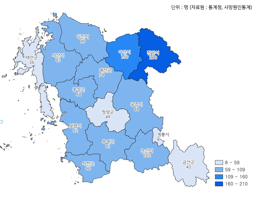 충남권 시군별 뇌혈관질환 사망자수(2022년)