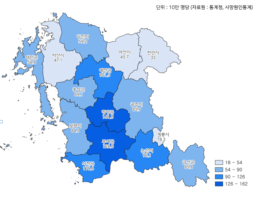 충남권 시군별 뇌혈관질환 사망률(2022년)