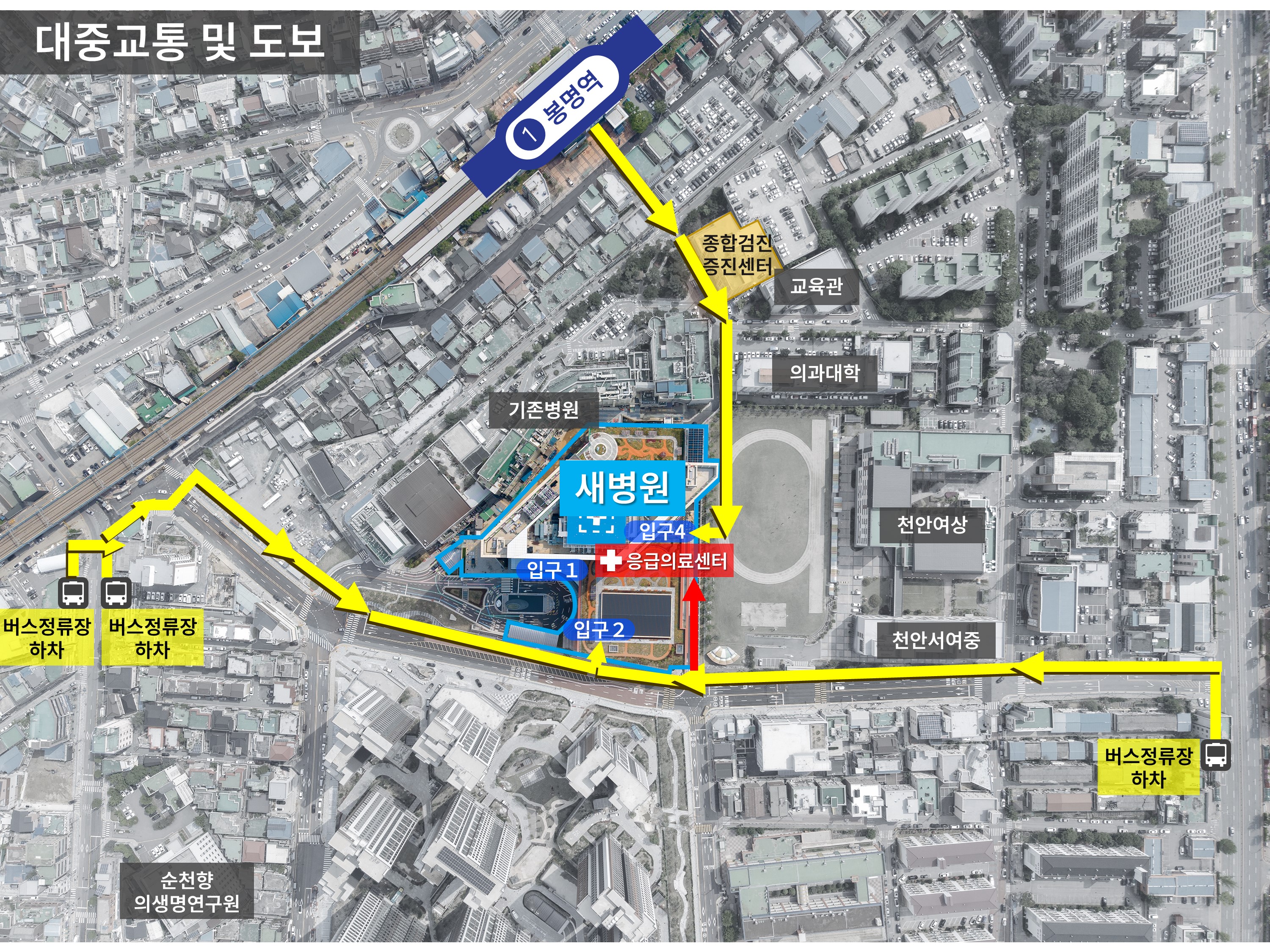 대중 교통 및 도보 이용시 1. 봉명역 하차 후 새병원 방향으로 직진, 종합검진 증진센터 지나서 입구 4 이용 2. 버스정류장 하차 후 새병원 방향으로 직진, 입구 2 이용