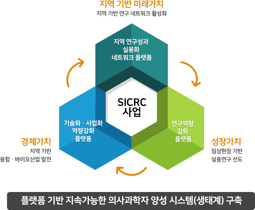 플랫폼 기반 지속가능한 의사과학자 양성 시스템(생태계)구축 - SICR 사업 지역기반 미래가치 : 지역기반 연구 네트워크활성화 : 지역연구성과 실용화 네트워크 플랫폼, 성장가치 : 임상현장 기반 실요연구 선도 : 연구역량 강화 플랫폼, 경제가치 : 지역 기반 융합ㆍ바이오산업 발전 : 기술화ㆍ사업화 역량강화 플랫폼