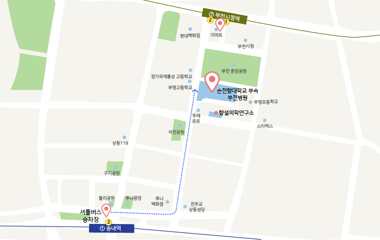 송내역: 순천향대학교 부속 부천병원 ↔ 송내역간 무료셔틀버스를 운행합니다. , 순천향대학교 부속 부천병원 본관 앞/송내역 2번출구 앞