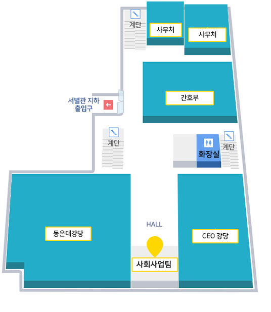 사회사업실 위치: 동별관 지하1층에 위치 서벌관 지하출입구에서 들어와서 왼쪽에 사무처와 간호부가 있고 오른쪽에 동은대강당과 ceo강당 사회사업팀이 있음, 서벌관지하 출입구에서 왼쪽 동은대강당과 ceo강당 사이를 지나가면 사회사업팀이 위치하고 있음