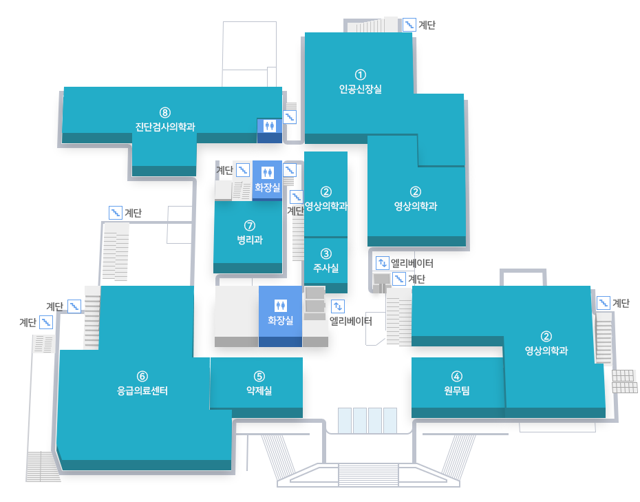 병원시설안내 1F 본관,향설관,별관도면 입니다.