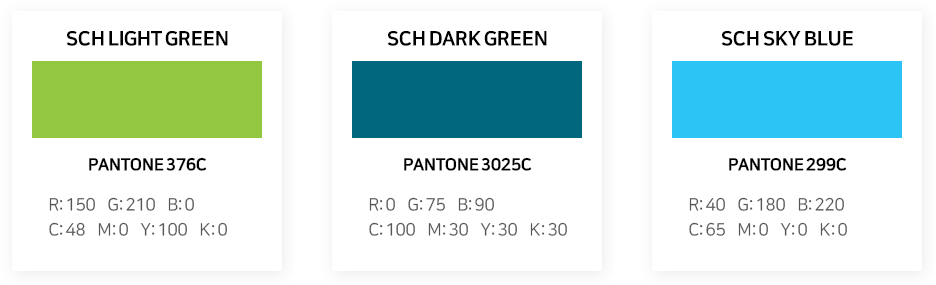 SCH LIGHT GREEN PANTONE 376C R:150 G:210 B:0 C:48 M:0 Y:100 K:0, SCH DARK GREEN PANTONE 3025C R:0 G:75 B:90 C:100 M:30 Y:30 K:30, SCH SKY BLUE PANTONE 299C R:40 G:180 B:220 C:65 M:0 Y:0 K:0